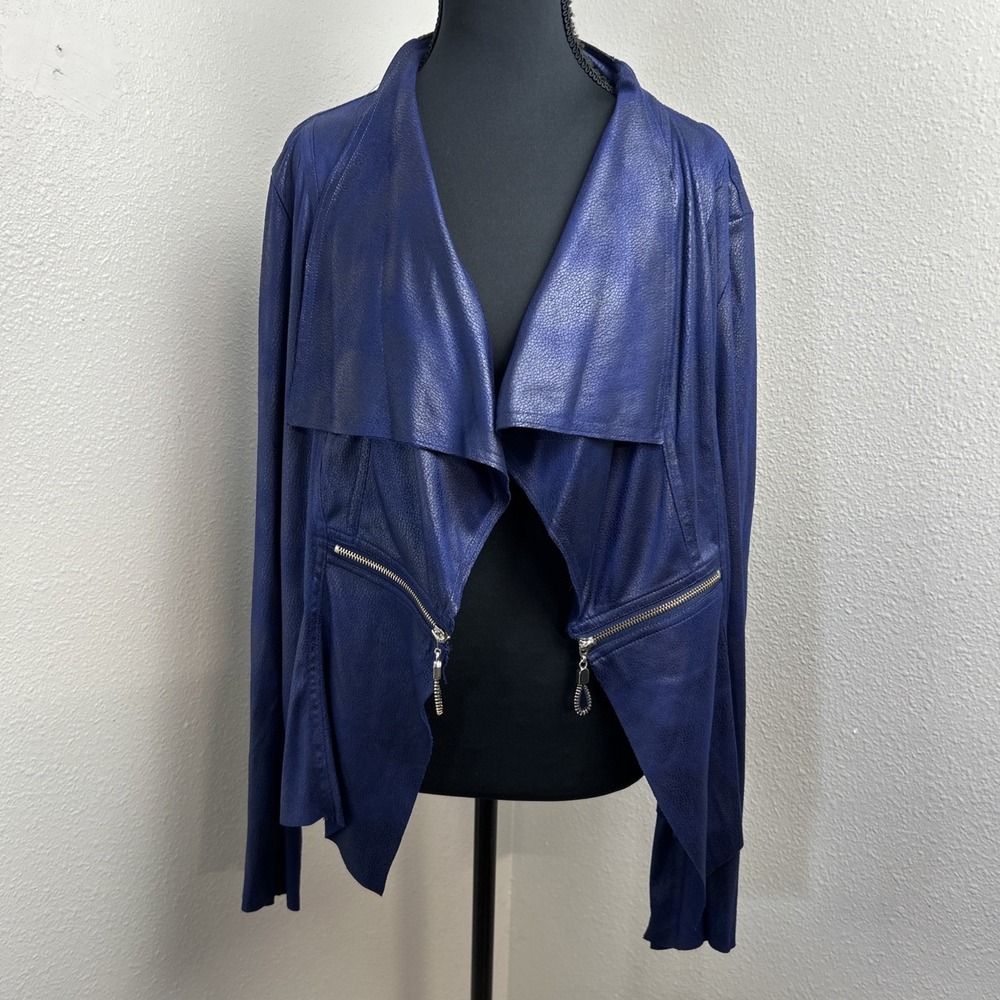 Lena Gabrielle Open Front‎ Jacket Women's 14 Purple Faux Suede Animal Print Zip